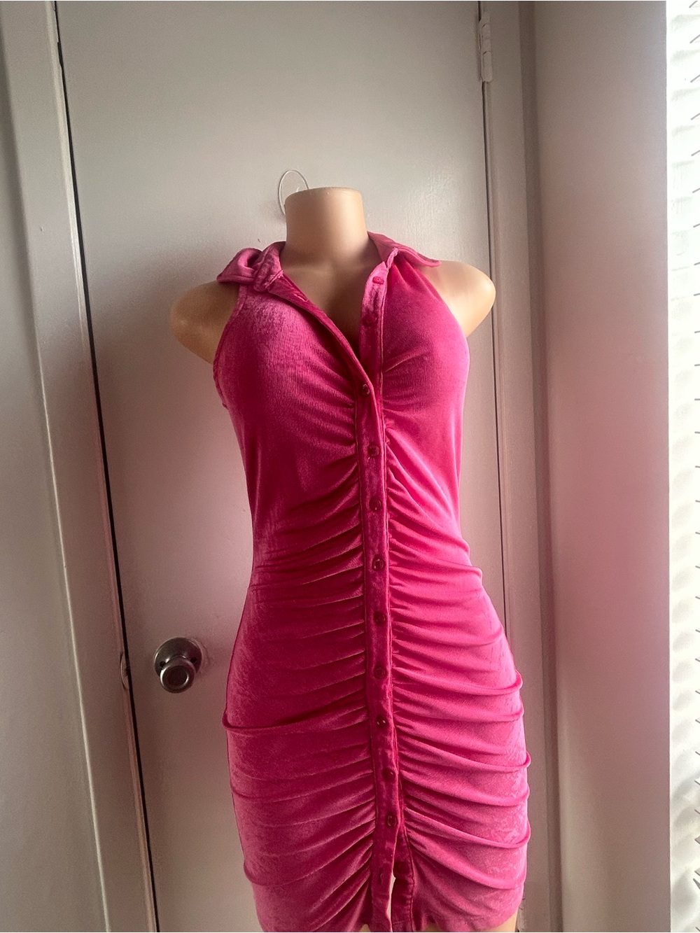 Fuchsia Ruched Button-Front Halter Dress